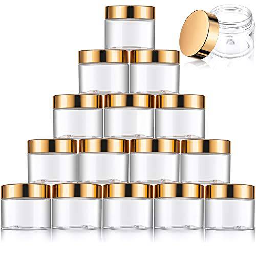 16 Pieces Round Clear Leak Proof Plastic Container Jar with Lid Plastic Slime Jar Empty Slime Storage Container Refillable Storage Favor Jar for Travel Cosmetic Lotion Creams (Gold,60 ml/ 2 oz)