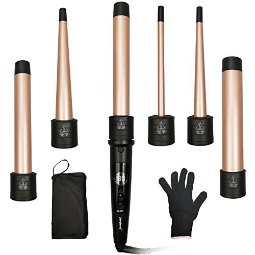 6 in 1 Hair Wand Curling Iron - Janelove 180-450℉ Long-Lasting Ceramic Hair Curlers, 1/4 to 1-1/4 inch Curling Wand Set for Black Women Hair, 110-220V Hair Waver with LCD Display & Glove - Gold