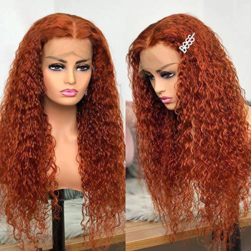 Ginger Curly Deep Wave Lace Front Wig Human Hair Wig Ginger Colored Wigs Curly Deep T Part Lace Brazilian Pre plucked Transparent HD Lace Wig(20inch, 13X4 Wig)