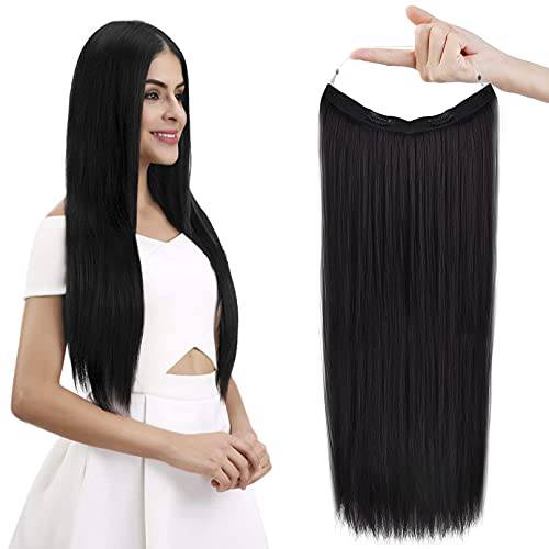 REECHO Invisible Wire Hair Extensions with Transparent Headband Adjustable Size Removable Secure Clips in Straight Secret Hairpiece for Women (24 Inch (Pack of 1), Black Brown)