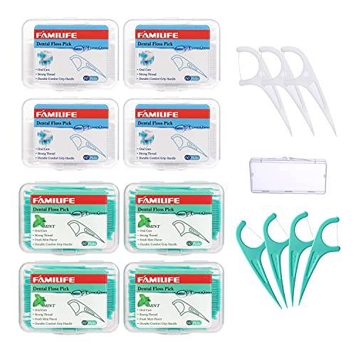 FAMILIFE Floss Picks Mint Dental Floss Picks with 4 Travel Handy Cases 240 Count Flossers and 240 Picks Threader Flosser with 4 Travel Cases