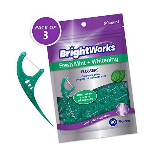 270 Piece BrightWorks Fresh Mint + Whitening Dental Flossers, with Super-Strong Floss for Adults, with Mint-Flavored Floss and Micro-Crystals, 90 Count (Pack of 3)