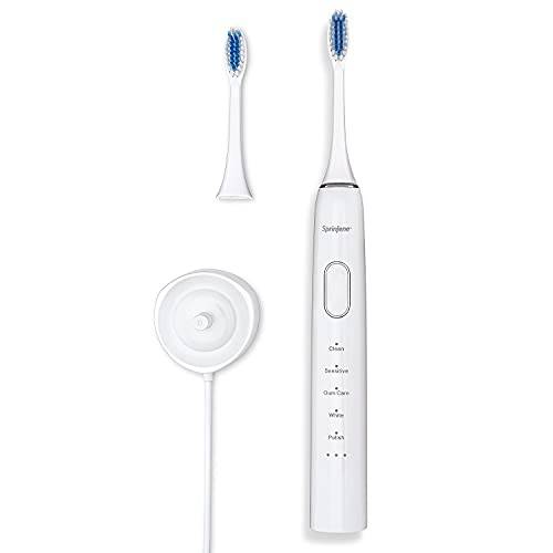 SprinJene Natural Sonic Electric Toothbrush with Wireless Charger and 2 Replacement Heads with Ultra-Durable Premium Dupont Nylon Bristles for Optimal Dental Care - 2000 MAH Rechargeable Toothbrush