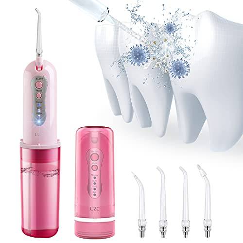 Water Flosser Cordless for Teeth - UZC Portable Rechargeable Oral Irrigator for Travel & Home with 4 Modes, 5 Jet Tips, IPX7 Waterproof, Best Gifts - Pink