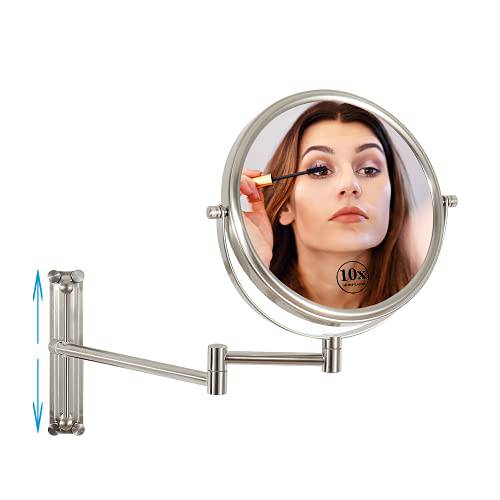 10 Times Magnification Makeup Mirror, Wall-Mounted Makeup Mirror can be Moved up and Down 8-inch Bathroom Double-Sided Mirror 360-degree Rotation, 180-degree Retractable Folding Brushed Nickel