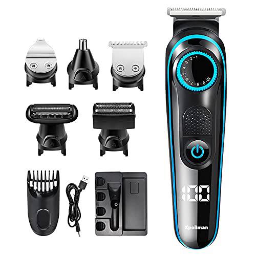 Electric Beard Trimmer, Xpoliman Professional Low Noise Cordless Rechargeable Led Display Hair Clippers Nose Trimmer Body Groomer for Men with IPX 7 Waterproof, Men’s 5 in 1 Grooming Kit