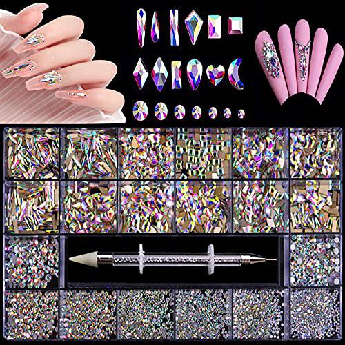 1000Pcs Flat Back Rhinestones for Nails, HOINCO Aurora Purple Rhinestones for Nails, Mix 20 Styles Flatback Rhinestone, Multi Shapes Gems Jewels for Nail Crafts with Professional Wax Pen and Tweezers