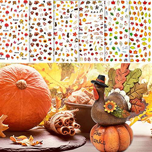 Fall Nail Stickers Thanksgiving Autumn Nail Art Decoration Supplies Fall Maple Leaves Thanksgiving Turkey Design Yellow Nail Decal 3D Self-Adhesive for Women DIY Acrylic Nail Decorations 6sheets (C)
