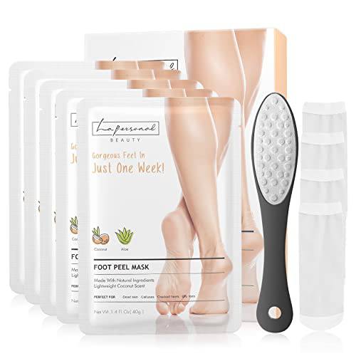 Foot Peel Mask (5 Pairs) - 3-in-1 Foot Peeling Mask + Foot Scrubber + Socks, Foot Care Kit for Cracked Heels, Callus Remover for Feet, Natural Exfoliating for Dead Skin, Foot Peel for Women & Men