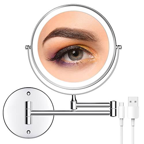 Rocollos Rechargeable Wall Mounted Lighted Makeup Mirror Chrome, 8 Inch Double-Sided LED Vanity Mirror 1X/10X Magnification,3 Color Lights Touch Screen Dimmable 360°Swivel 13 Inch Extendable