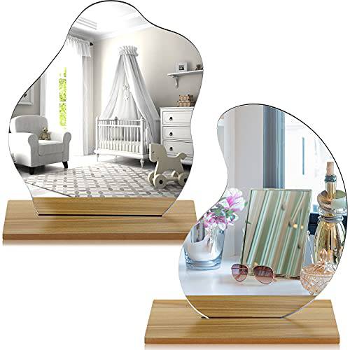 Blulu 2 Pack Room Decor Aesthetic Acrylic Makeup Mirror for Desk Decor with Stand Vanity Mirror Stand Mirror Frameless Wooden Stand Mirror Tabletop Makeup Mirror for Bedroom Living Room, 2 Styles