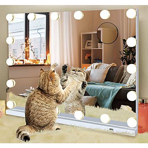 DIDIDADA Hollywood Vanity Makeup Mirror with Lights 18 Dimmable LED Bulbs Lighted Vanity Makeup Mirror for Bedroom Makeup Table 3 Colors USB Outlets Magnifier Tabletop LED Vanity Light up Mirror