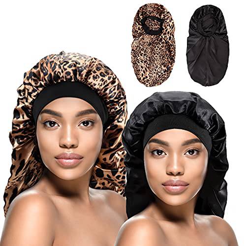 Kenllas Long Sleep Cap for Women - 2 PCS Large Soft Elastic Satin Band Night Bonnet for Curly Dreadlock Braid Hair(Black&Leopard)