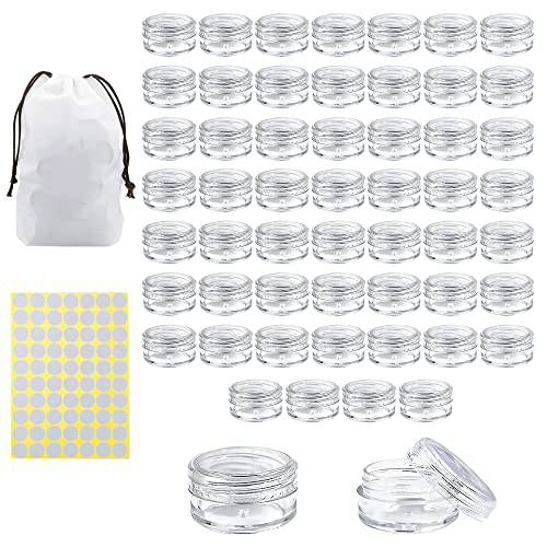 55Pcs 5 Grams Sample Containers with Lids and Labels, Small Little Mini Tiny Containers, Clear Acrylic Plastic Sample Jars for Cosmetic, Creams, Makeup, Nails, 5g/5ml Empty Round Sample Containers