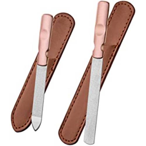 Nail File 2 Pieces Stainless Steel Nail Files with Rose Gold Anti-Slip Handle and Leather Case, Double Sided Nail Filer, Gifts for Women Men Girls