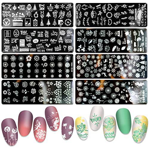 SILPECWEE 8 Pieces Nail Stamping Plate Flower Leaf Holiday Nail Stamps Nail Art Stencils Stamping Plates For Nails Manicure Stamping Kit