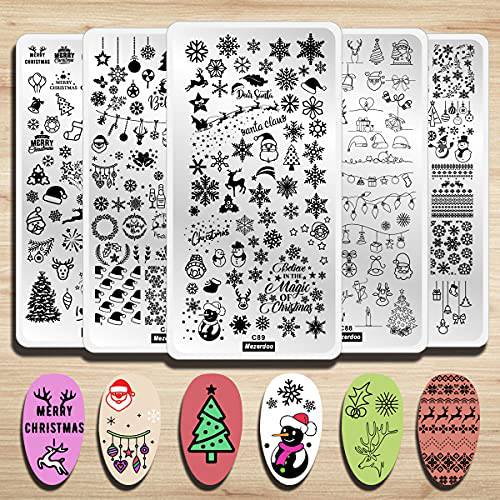 5Pcs Snowflake Nail Stamping Plate Christmas Theme Nail Plates Santa Reindeer Tree Bell Snowman Winter Image Plate Nail Art Design Stamp Kit Manicure Template Mold New Year Stencils Painting Tool
