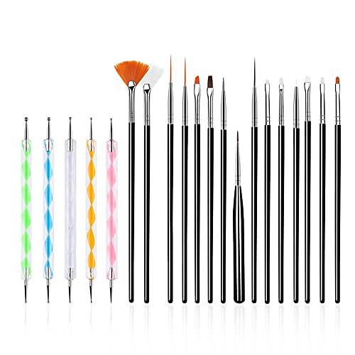 FULINJOY 20PCS Nail Art Design Tools, 15PCS Painting Brushes Set (Black) with 5PCS Dotting Pens