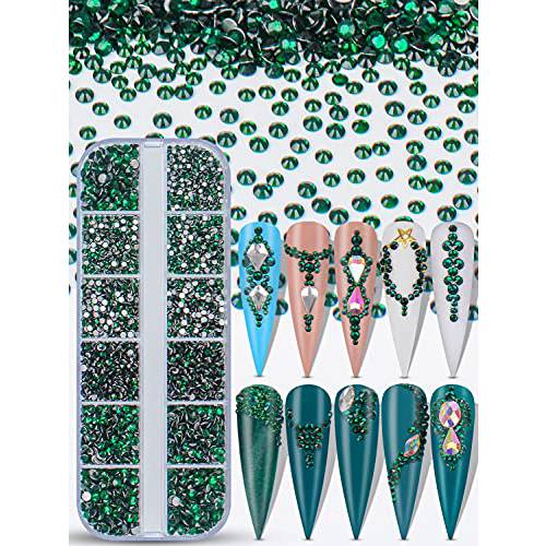 Warmfits 3600pcs Nail Art Rhinestone Crystal Green Rhinestones Beads Nail Jewels Nail Design Round Flatback Gems Stones Studs 6 Sizes with Box for Nail Design Craft Art Shoes