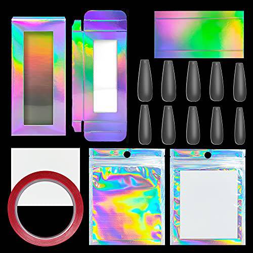 Press on Nails Packaging Set -500 PCS Matte Coffin Nail Tips 10 PCS Packing Boxes and 10 PCS Nail Packaging Bags with 2 Rolls of Three Meters of Double-Sided Tape for Press on Nail Business