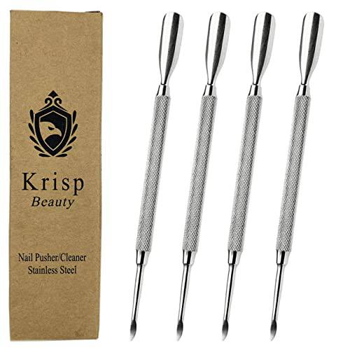 Cuticle Pusher Dual Sided - Sharp Edge Spoon Shaped Double Ended Cuticle Pusher Remover Cleaner Surgical Medical Grade Stainless Steel Manicure Pedicure Nail Art Care Tools 4 PC Set By Krisp