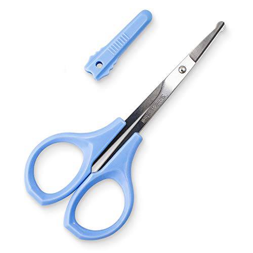 Humbee, Stainless Steel Hair Grooming and Trimming Scissors Set, For Facial Hair, Nose Hair, Eyebrow Scissors, Eyelash Scissors, Mustache, and Beard (Safety Edge, Blue Short Cap)