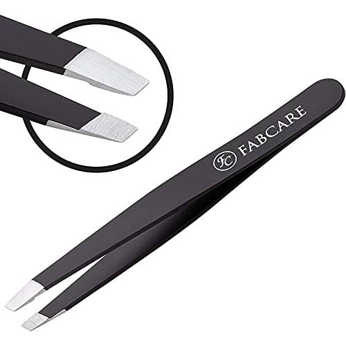 FABCARE Tweezers for plucking eyebrows (slanted) incl. case - Improved tips - professional eyebrow tweezers with non-slip coating - tweezers for hair removal - for men and women high quality