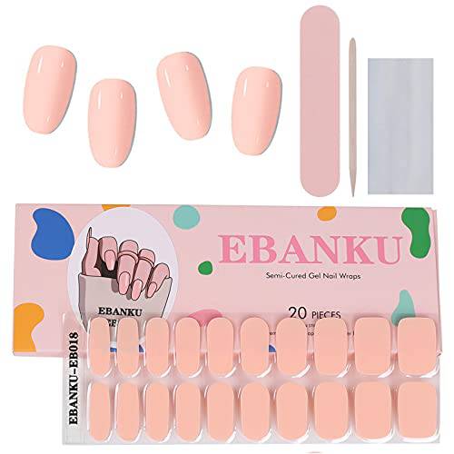 EBANKU Semi Cured Gel Nail Strips Wraps, 20PCS Nude Pink Gel Polish Nail Stickers Real Nail Polish Strip Wraps for Women with Nail File and Stick (UV/LED Lamp Required)