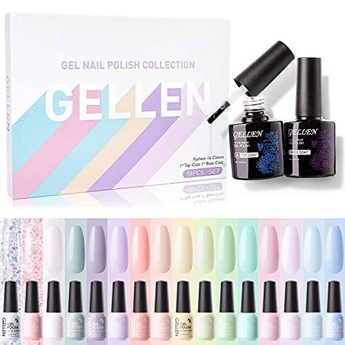 GELLEN Gel Nail Polish Kit- 16 Colors With Top&Base Coats, Popular Girly Macaron Tones Fresh Pastels Nail Gel Polish Glitter Colors Set
