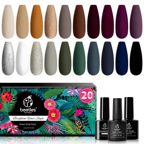 Beetles 20 Pcs Gel Nail Polish Kit with Base Top Coat- Industrial Wave Collection Winter Brown Burgundy Red Purple Gel Polish Set Soak Off Blue Christmas Green Glitter Gel Nail Kit Gifts for Women