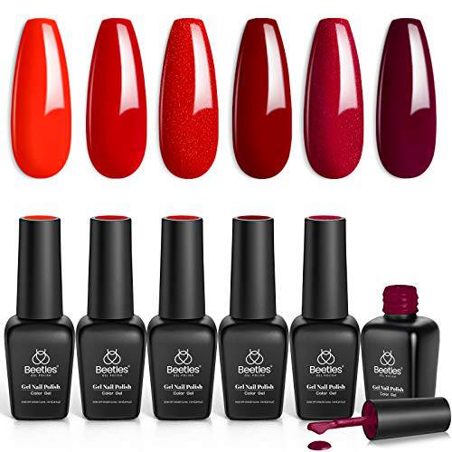Beetles Red Gel Nail Polish Set - 6 Colors Bloody Mary Collection Popular Shimmer Red Burgundy Gel Polish Kit Christmas Nail Art Design, Soak Off LED Gel Nail Kit Minicure DIY Home New Year’s Gifts