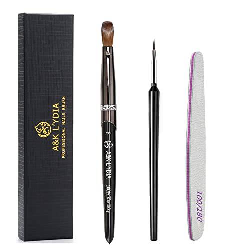 A&K L’YDIA Acylic Nail Brush2pcs Pure Konlisky Sable hair Crimped Oval Art Brush Black Metal handle with Files for Professional acrylic Application Manicure Crystal Powder Pedicure, Size 8