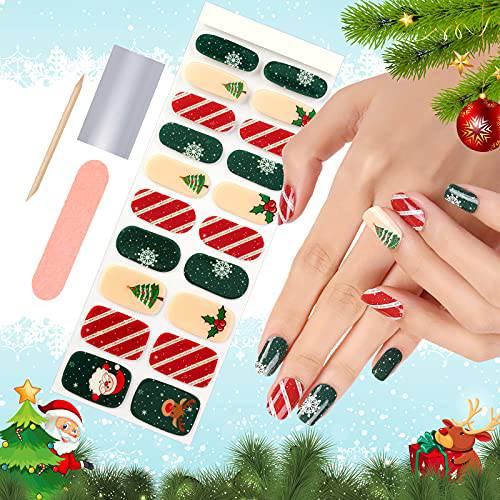 EBANKU 20PCS Semi Cured Gel Nail Polish Strips, Christmas Tree Star Adhesive Full Wrap Gel Nail Art Sticker, Waterproof Gel Nail Wrap Stickers with Nail File and Stick（UV/LED Lamp Required）