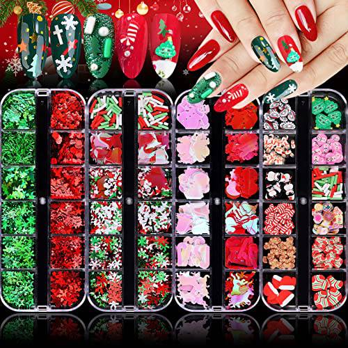 48 Grids Christmas Nail Art Sequins, EBANKU Holographic Snowflakes Santa Claus Snowman Flake Nail Glitter Sequins Colorful Sparkly Confetti Glitter for DIY Design Face Body Makeup Christmas Decoration
