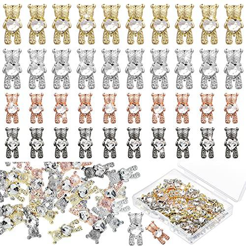 40 Pieces Teddy Bears for Nails 3D Nail Art Charm Cute Bear Shaped Rhinestones with Heart Crystal Bear Nail Ornaments Shiny Alloy Bear for Women Girls Manicure Tips (Delicate Color)