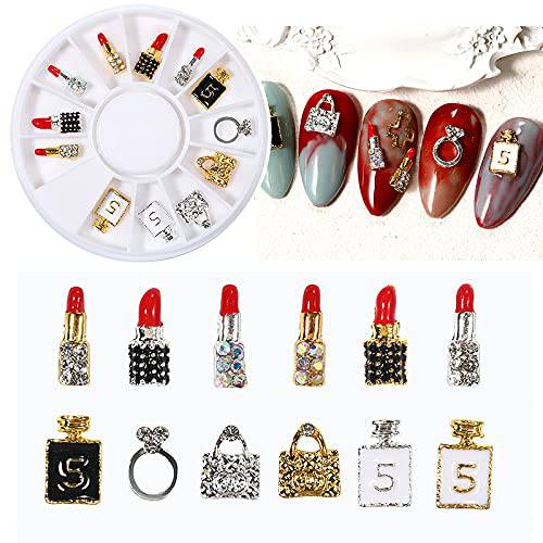 12Pcs Alloy Nail Charms Handbag Lipstick Nail Charms Gold 3D Crystal Gems Luxury Jewelry Charms Rhinestones for Nails DIY Art