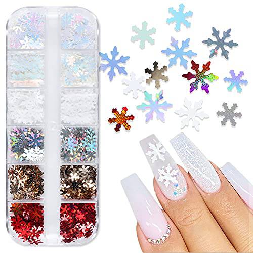 Holographic Snowflake Nail Art Glitters, 12 Grids Colorful Snowflakes Nail Glitter Sequins Nail Art Supplies Confetti 3D White Nail Flakes Acrylic Nail Decals Winter Effects Nail Art Decorations Kit
