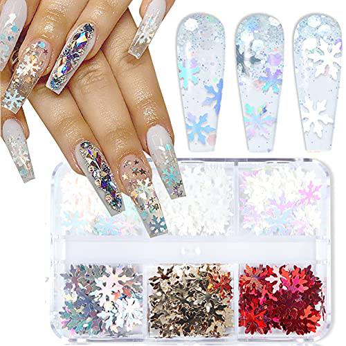 Christmas Nail Art Sequins,6 Colors Christmas Snowflakes Designs 3D Holographic Laser Snow Flakes Acrylic Nail Stickers Decals Nails Glitter Sparkly for Manicure Snowflake Decorations Nails Supplies