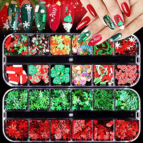 24 Grids Christmas Nail Art Sequins, EBANKU Holographic Snowflakes Christmas Tree Flake Nail Glitter Sequins Colorful Sparkly Confetti Glitter for DIY Design Face Body Makeup Christmas Decoration