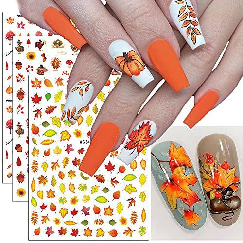 Fall Nail Art Stickers 3D Maple Leaf Nail Art Accessories Decals Thanksgiving Leaves Pumpkin Turkey Cute Animals Self-Adhesive Nail Stickers for Women DIY Design Thanksgiving Day Decorations 6Sheets