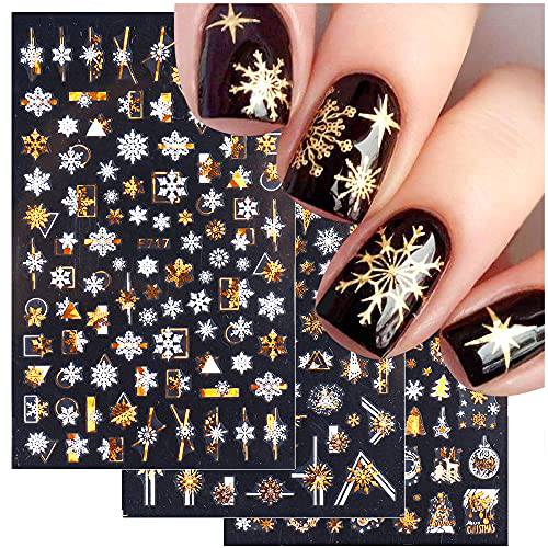 Dornail 8 Sheets Christmas Nail Stickers 3D Gold Metallic Snowflake Nail Decals Self-Adhesive Holographic Winter Nail Art Sticker Xmas Nail Designs Nail Decorations