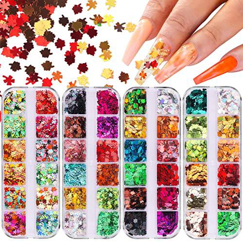 48 Grids Fall Nail Art Sequins Lorvain Holographic Thanksgiving Nail Glitter Autumn Harvest Maple Leaves Nail Glitter Sequin Laser Sparkly Confetti Glitter for Thanksgiving Day DIY Decorations (A)
