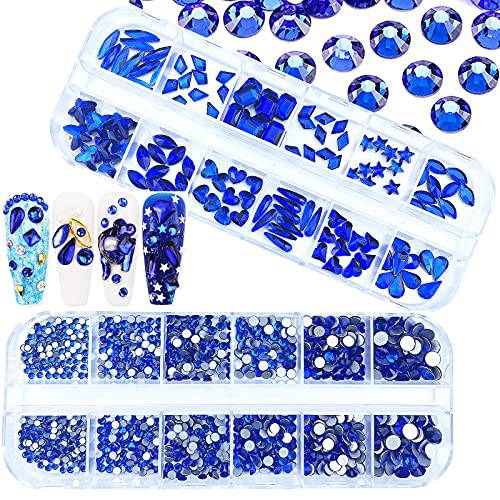 2120Pcs Nail Rhinestones Crystal Blue Rhinestones Round Beads Flatback Glass Gems Stones Multi Shapes Sizes Nail Charms for Nail DIY Crafts Clothes Shoes Jewelry