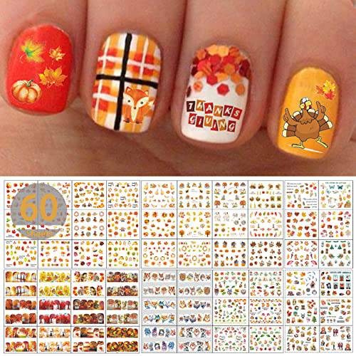 TailaiMei 60 Sheets Fall Water Transfer Nail Art Stickers Decals, Thanksgiving Autumn Nail Decorations, Design for Maple Leaves Pumpkin Turkey(1178 Pcs)