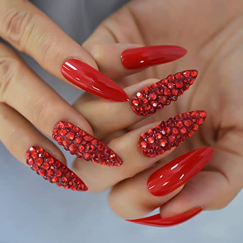 24pcs Stiletto Luxury Press On Nails Extra Long Solid Color Designed 3d Fake Nails With Rhinestones Full Cover Red Artificial Nail Set Sharp Pointed False Nail Tips For Ladies