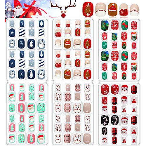 Kalolary 144PCS Christmas Fake Nails Press On Nails, Snowflake Santa Claus Full Cover Short False Nail with Nail Adhesive Tabs Kits for Women Girl Nail Art Decoration