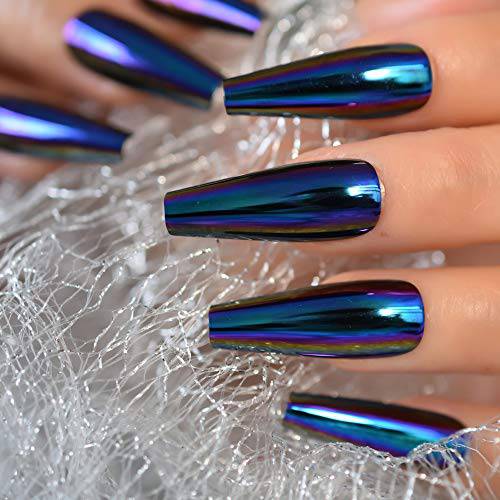 EchiQ Chrome Diamond Blue Press On Fingernails Coffin Metallic Mirror Holo Fake Nails Extra Long Ladies Designed Tips for Finger