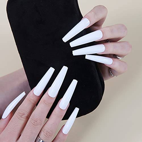 Long Press on Nails, Rosy Finch Stick on Nails XXL Extra Long Coffin Acrylic False Nails Full Cover Fake Nails with Nail Glue Nail File for Women,White