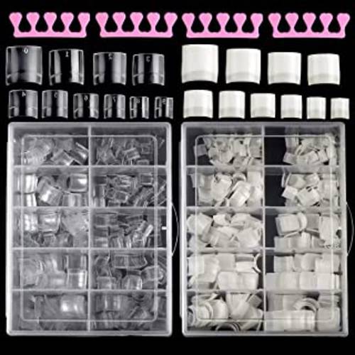Monja 1000PCS Short Square Nail Tips Short French Nail Tips with 4 Finger Separators, Short Square Nail Tips for Acrylic Nails Half Cover with Case for Manicure Salon Home DIY 10 Sizes, Clear &Natural