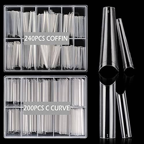 480PCS Extra Long Clear Nail Tips, 1Pack Half Cover Clear Coffin Nail Tips with 1Pack C Curve Nail Tips for Acrylic Nails Professional, XL Long Straight Square Ballerina Nail Tips for Nail Salons Home